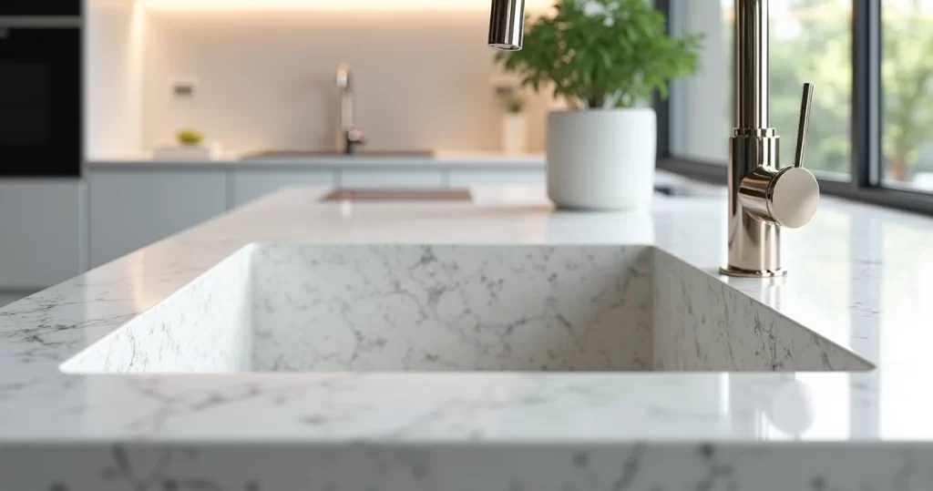 Pia de granito branco Itaúnas impecavelmente limpa com bancada brilhante e decoração moderna ao fundo