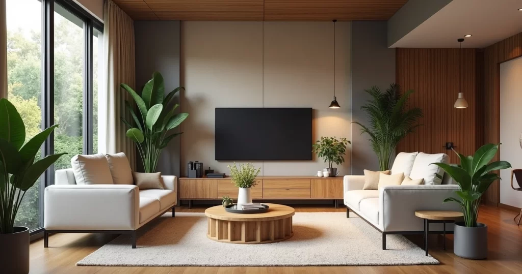 Sala pequena decorada com móveis multifuncionais, iluminação natural e plantas, ambiente organizado e claro