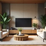 Sala pequena decorada com móveis multifuncionais, iluminação natural e plantas, ambiente organizado e claro