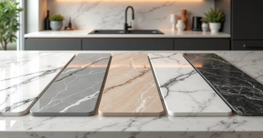 Bancada de cozinha moderna com diferentes tipos de mármore em alto detalhe mostrando cores e veios variados
