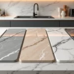 Bancada de cozinha moderna com diferentes tipos de mármore em alto detalhe mostrando cores e veios variados