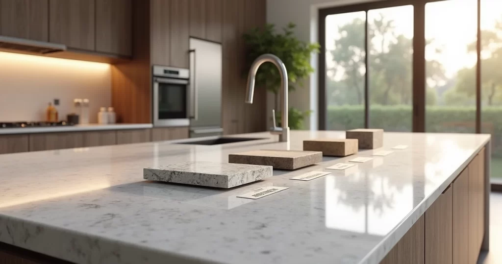 Bancada de pedra natural em cozinha moderna com luz natural e detalhes de acabamento polido