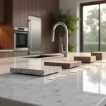 Bancada de pedra natural em cozinha moderna com luz natural e detalhes de acabamento polido