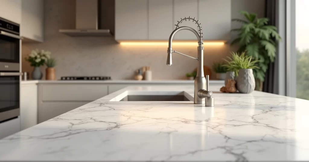 Bancada de pedra de quartzo moderna com acabamento polido em cozinha elegante e iluminação natural