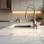 Bancada de pedra de quartzo moderna com acabamento polido em cozinha elegante e iluminação natural