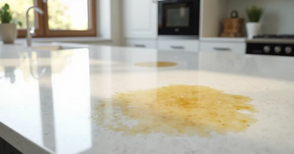 Bancada de quartzo branco com manchas amareladas em cozinha moderna e iluminada