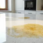 Bancada de quartzo branco com manchas amareladas em cozinha moderna e iluminada