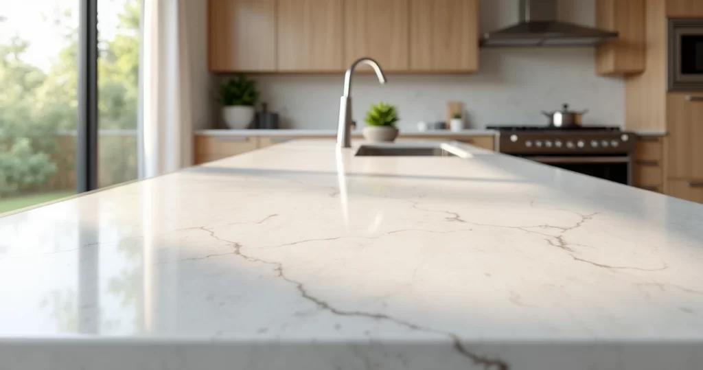 Bancada de quartzo branco em cozinha moderna com detalhes claros e iluminação natural