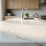 Bancada de quartzo branco em cozinha moderna com detalhes claros e iluminação natural