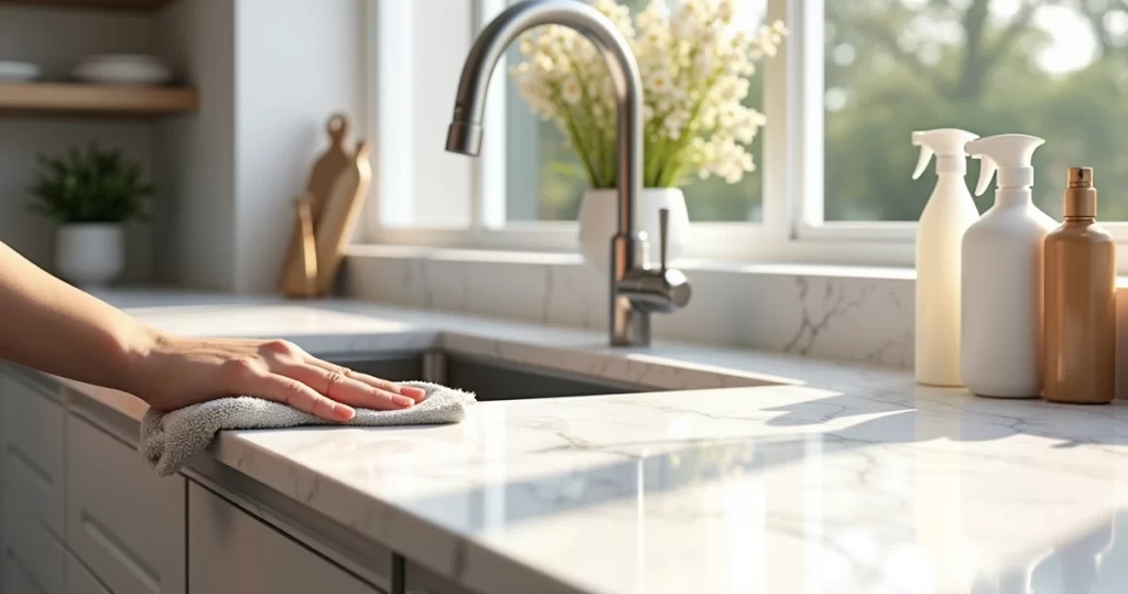 Bancada de quartzo branco sendo limpa com pano e produtos de limpeza seguros em cozinha moderna iluminada
