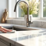 Bancada de quartzo branco sendo limpa com pano e produtos de limpeza seguros em cozinha moderna iluminada