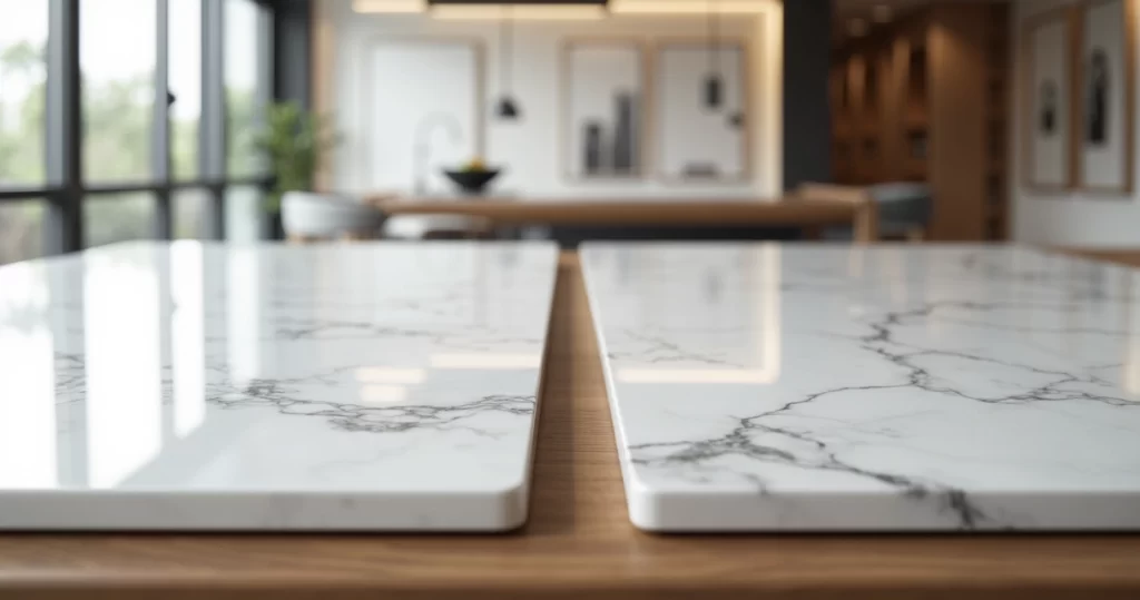 Bancada com amostras de quartzo branco e mármore branco lado a lado iluminadas sob luz natural