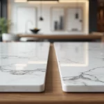 Bancada com amostras de quartzo branco e mármore branco lado a lado iluminadas sob luz natural