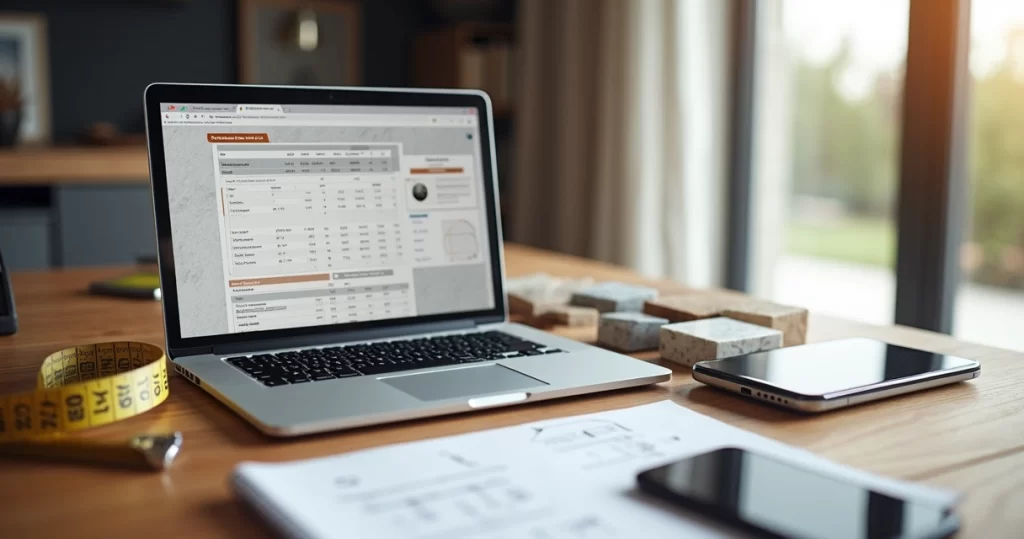 Pessoa analisando orçamento de pedras online em laptop com amostras de quartzo, mármore e granito na mesa