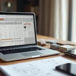 Pessoa analisando orçamento de pedras online em laptop com amostras de quartzo, mármore e granito na mesa