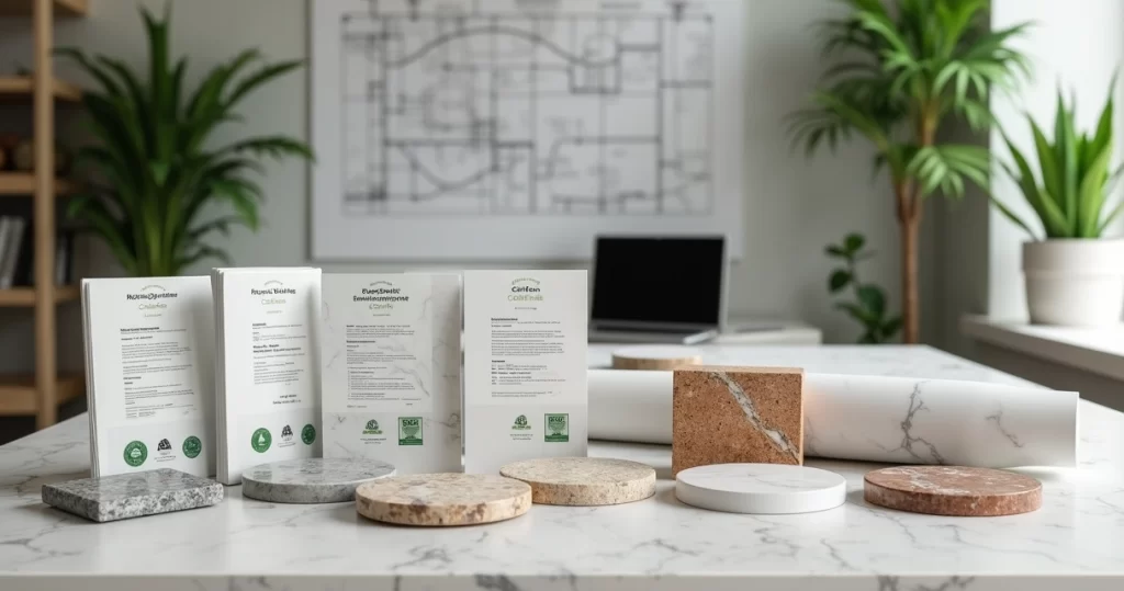 Mesa apresentando amostras variadas de pedras naturais com certificados ambientais ao lado