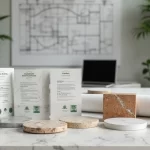 Mesa apresentando amostras variadas de pedras naturais com certificados ambientais ao lado