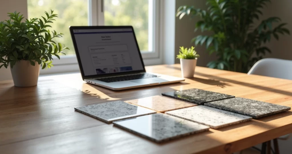 Mesa moderna com amostras de mármore, granito e quartzo dispostas ao lado de laptop e planta decorativa