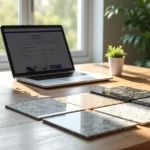 Mesa moderna com amostras de mármore, granito e quartzo dispostas ao lado de laptop e planta decorativa