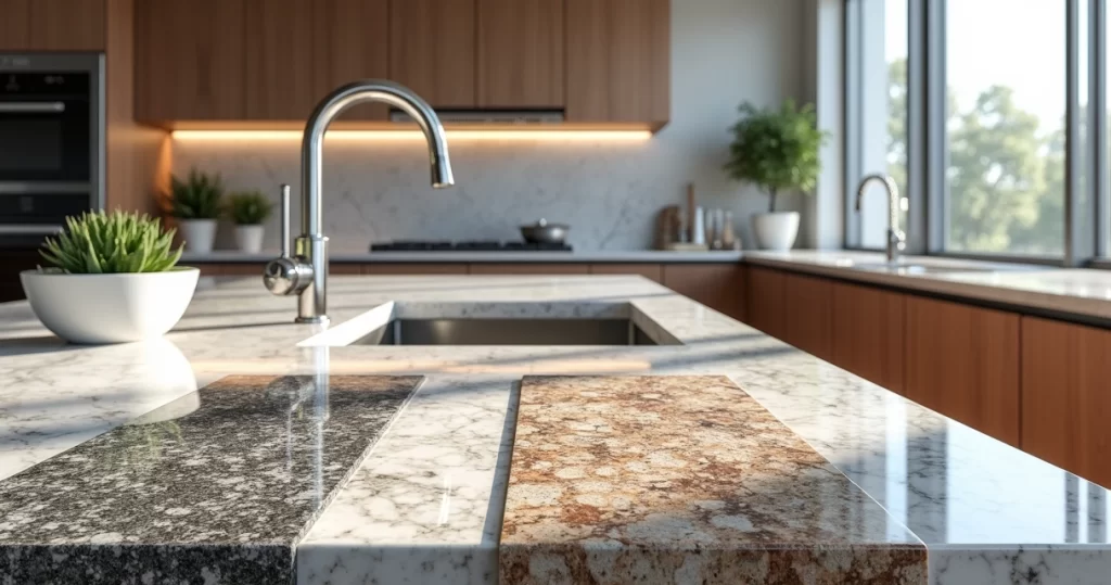 Bancada de cozinha de granito com diferentes cores e acabamentos em ambiente moderno e iluminado