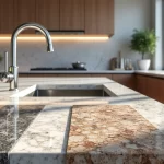 Bancada de cozinha de granito com diferentes cores e acabamentos em ambiente moderno e iluminado