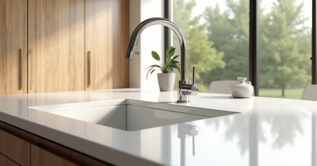 Bancada integrada branca e lisa em cozinha moderna minimalista com cuba sem emendas e iluminação natural