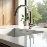 Bancada integrada branca e lisa em cozinha moderna minimalista com cuba sem emendas e iluminação natural