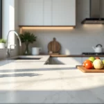 Bancada de pedra de quartzo em cozinha moderna com iluminação natural e utensílios decorativos