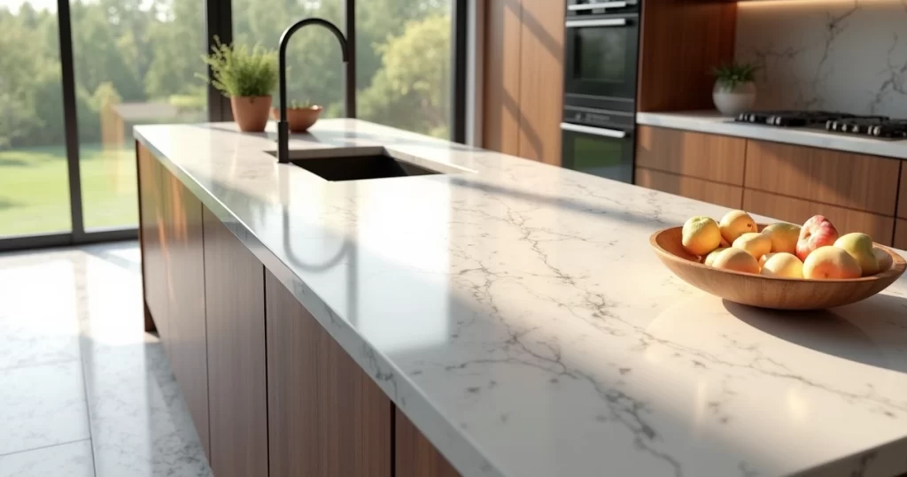 Bancada de quartzo moderna em cozinha com iluminação natural e decoração minimalista