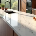 Bancada de quartzo moderna em cozinha com iluminação natural e decoração minimalista