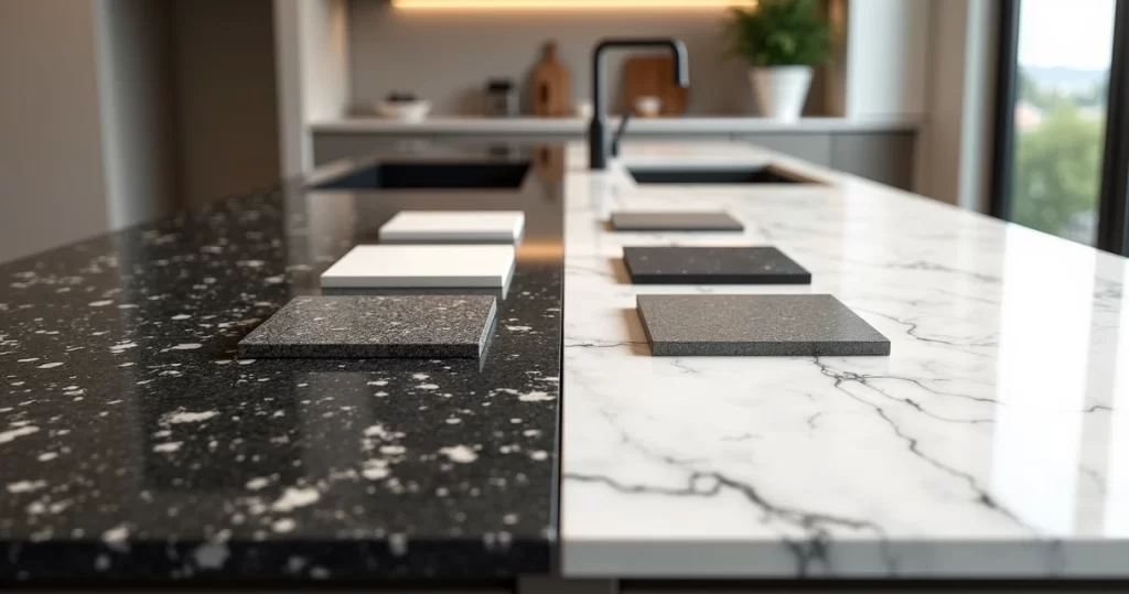 Bancadas de granito e mármore lado a lado com amostras de acabamentos variados
