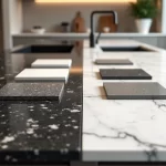 Bancadas de granito e mármore lado a lado com amostras de acabamentos variados