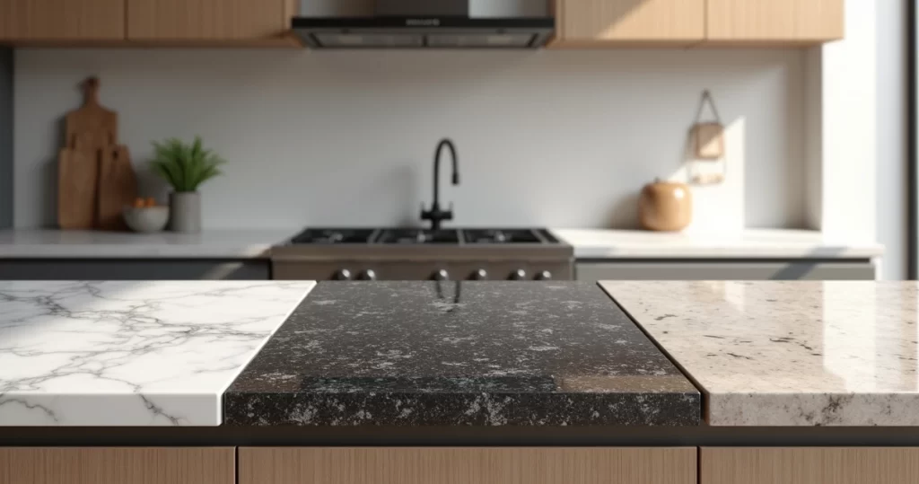 Bancadas de cozinha lado a lado em mármore, granito e quartzo com diferentes texturas e acabamentos