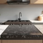 Bancadas de cozinha lado a lado em mármore, granito e quartzo com diferentes texturas e acabamentos