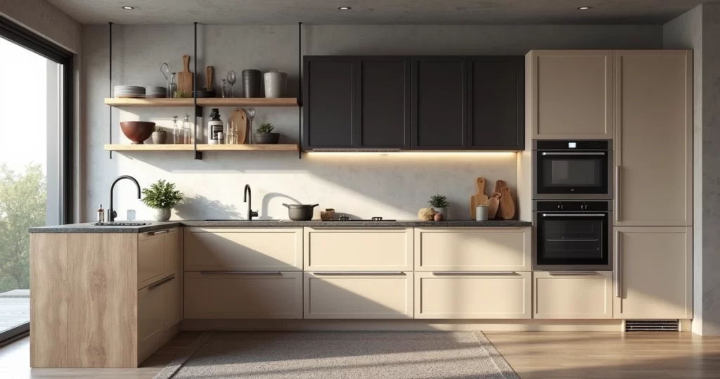 Cozinha organizada com prateleiras, armários brancos, bancada limpa e utensílios bem distribuídos