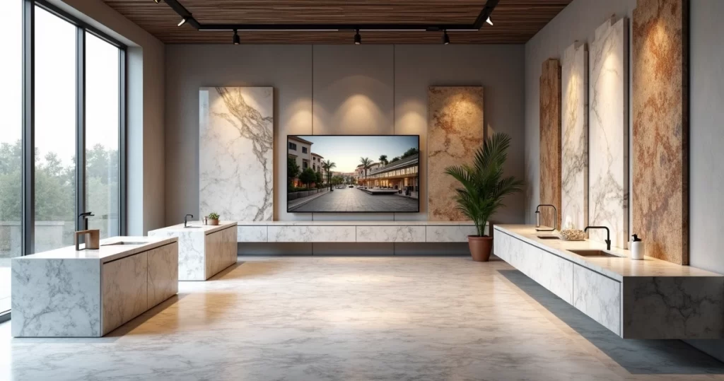 Bancadas de mármore, quartzo e granito em showroom moderno com iluminação natural e acabamento refinado