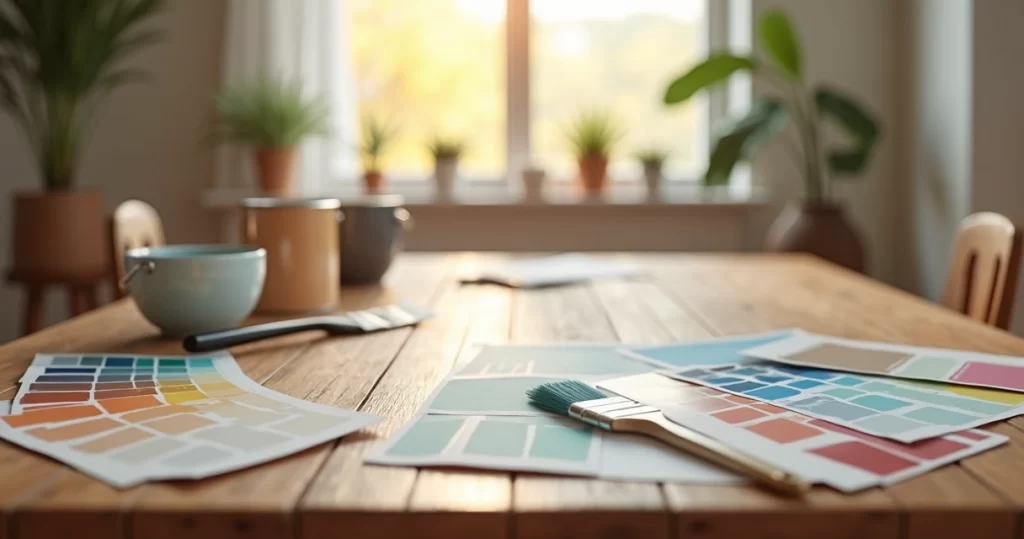 Diversas amostras de cores de tinta para ambientes internos dispostas sobre uma mesa de madeira clara, mostrando tons neutros, pastéis e vibrantes
