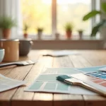 Diversas amostras de cores de tinta para ambientes internos dispostas sobre uma mesa de madeira clara, mostrando tons neutros, pastéis e vibrantes