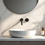 Bancada de pia de banheiro com superfície de pedra de quartzo, cuba de apoio branca e decoração moderna