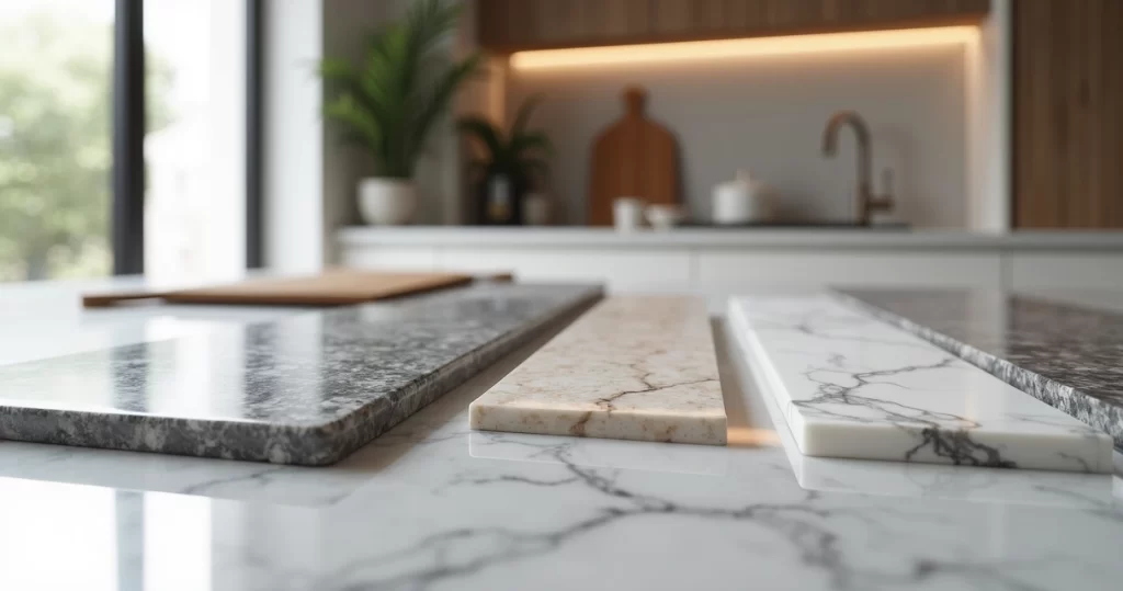 Bancada de pia com diferentes tipos e acabamentos de mármore exibidos lado a lado