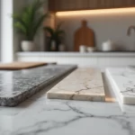 Bancada de pia com diferentes tipos e acabamentos de mármore exibidos lado a lado