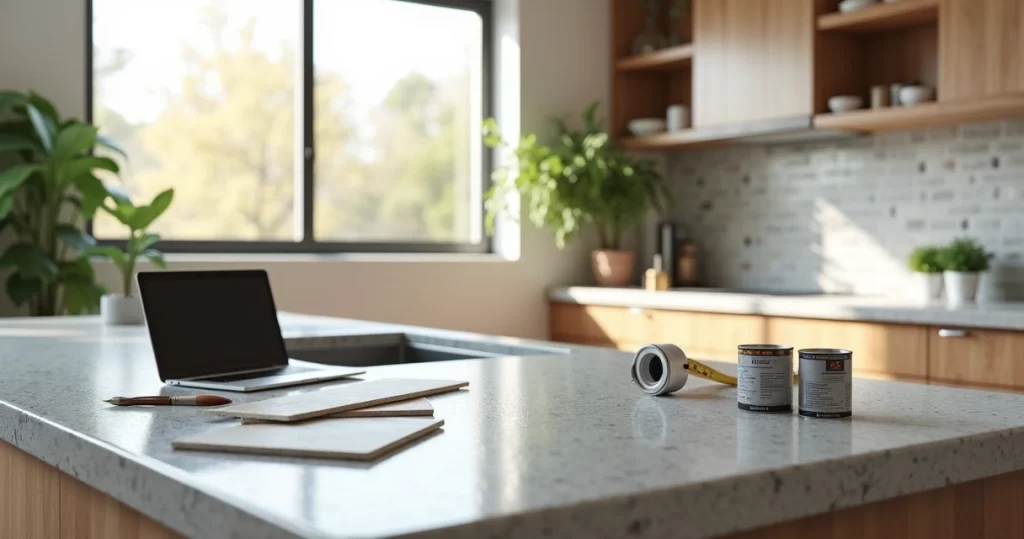 Bancada de pedra com acabamento moderno em cozinha iluminada e organizada com materiais de reforma ao redor