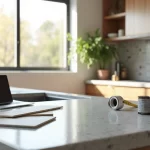 Bancada de pedra com acabamento moderno em cozinha iluminada e organizada com materiais de reforma ao redor