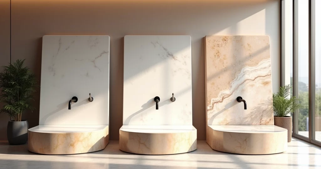 Bancadas variadas de quartzo, mármore e granito expostas em ambiente moderno de showroom iluminado