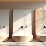 Bancadas variadas de quartzo, mármore e granito expostas em ambiente moderno de showroom iluminado