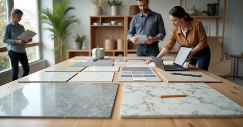 Arquitetas comparando amostras de pedra sobre bancada iluminada