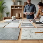 Arquitetas comparando amostras de pedra sobre bancada iluminada