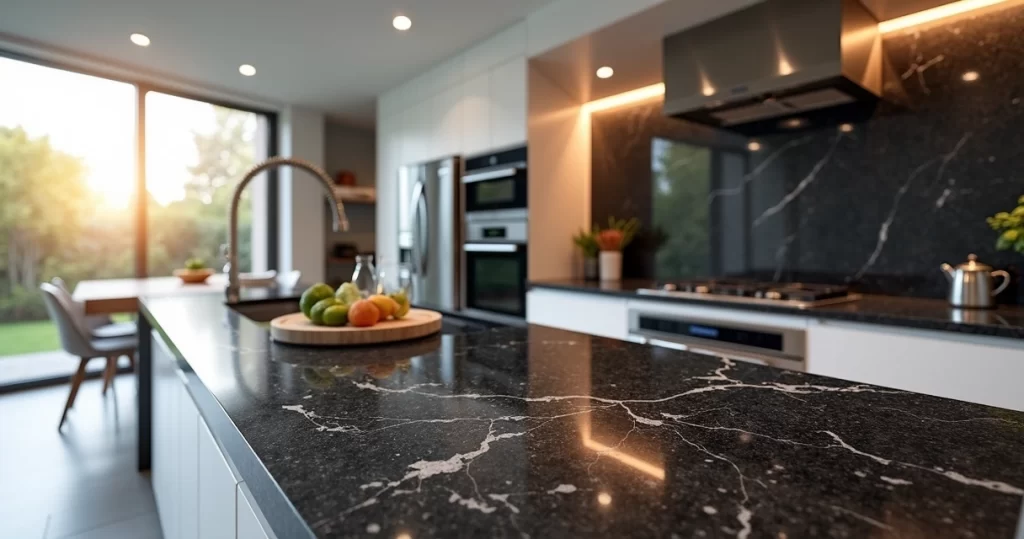 Bancada de cozinha com granito preto São Gabriel polido em ambiente moderno com iluminação natural