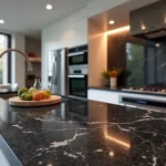 Bancada de cozinha com granito preto São Gabriel polido em ambiente moderno com iluminação natural