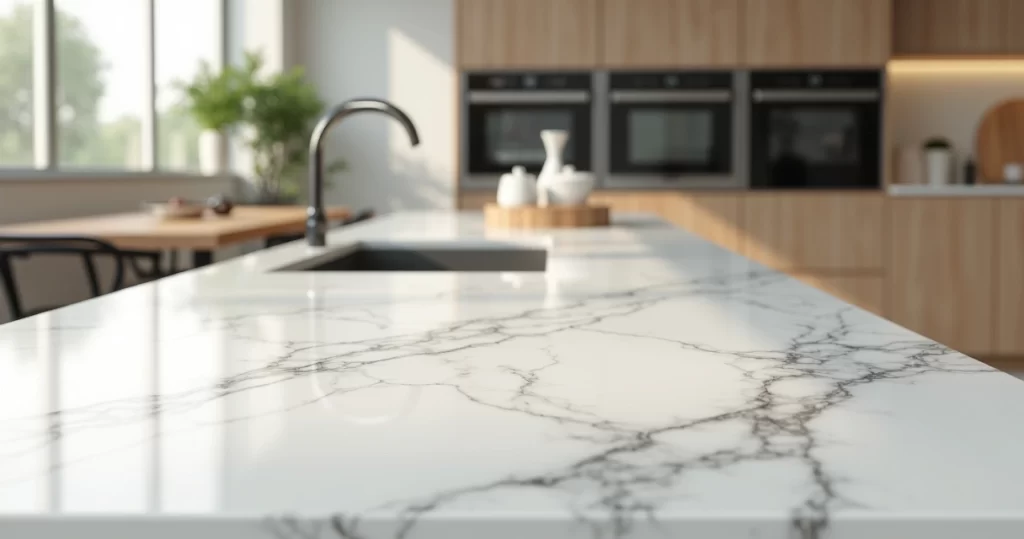 Bancada de mármore Carrara branco com veios cinza em cozinha moderna bem iluminada